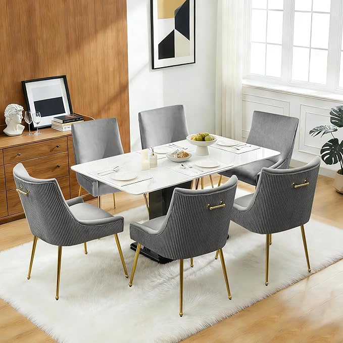 Velvet Dining Chairs Set of 4, Modern Upholstered Kitchen Chair with Pull Handle & Pleated Back, Mid Century Accent Chair with Gold Metal Legs for Vanity,Dining,Kitchen,Living Room, Grey
