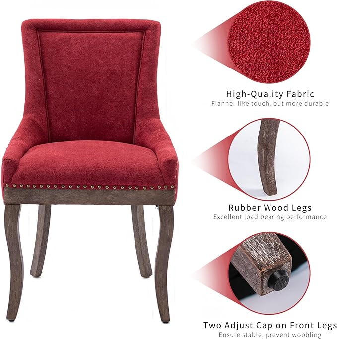 Burgundy Dining Chairs Set of 6, Kitchen & Dining Room Chairs, Fabric Upholstered Dinning Chairs, Sillas De Comedor, Nailhead Trim, Wood Legs (Red, 6 Pcs)