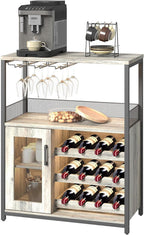 Vintage Industrial Wine Bar Cabinet with Adjustable Wine Racks and Glass Holders, Mesh Door Sideboard Storage Cabinet for Living Room, Kitchen, Dining Room, Compact Design, Gray with Light