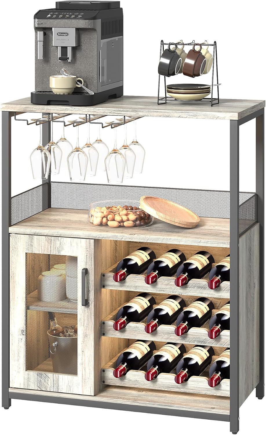 Vintage Industrial Wine Bar Cabinet with Adjustable Wine Racks and Glass Holders, Mesh Door Sideboard Storage Cabinet for Living Room, Kitchen, Dining Room, Compact Design, Gray with Light