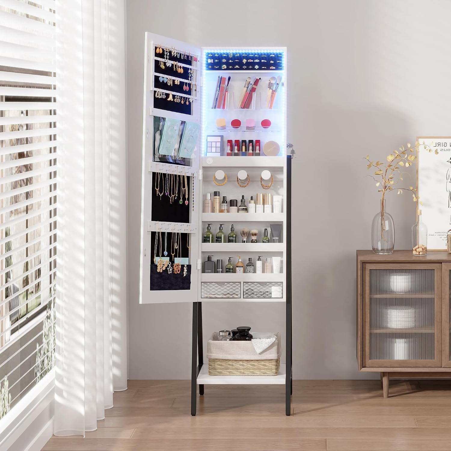 LVSOMT 3 LEDs Mirror Jewelry Cabinet, 60.4" Jewelry Mirror Full Length, Standing Lockable Jewelry Armoire Organizer, Floor Mirror with Storage for Jewelry Cosmetics, White