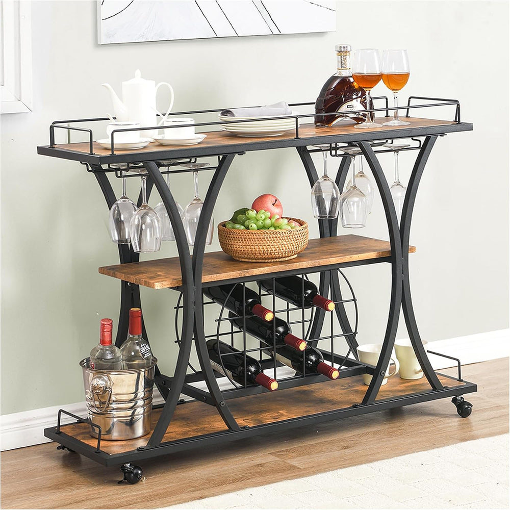TQVAI Wooden Bar Cart with Wine Rack and Glass Holder, 3-Tier Rolling Bar Ser...