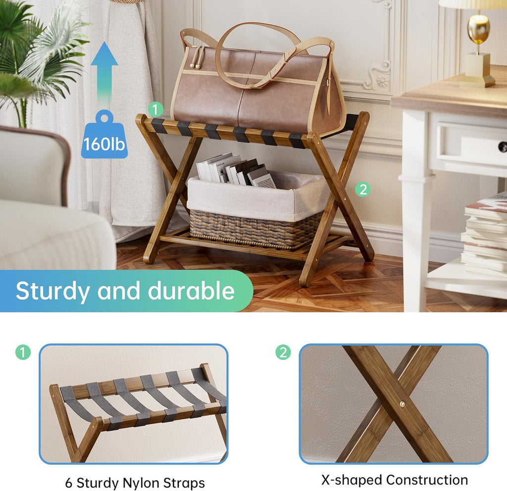 SMIBUY Luggage Rack, Set of 2, Foldable Bamboo Suitcase Stand with Storage Shelf for Guest Room, Bedroom, Hotel, Heavy-Duty (Walnut)
