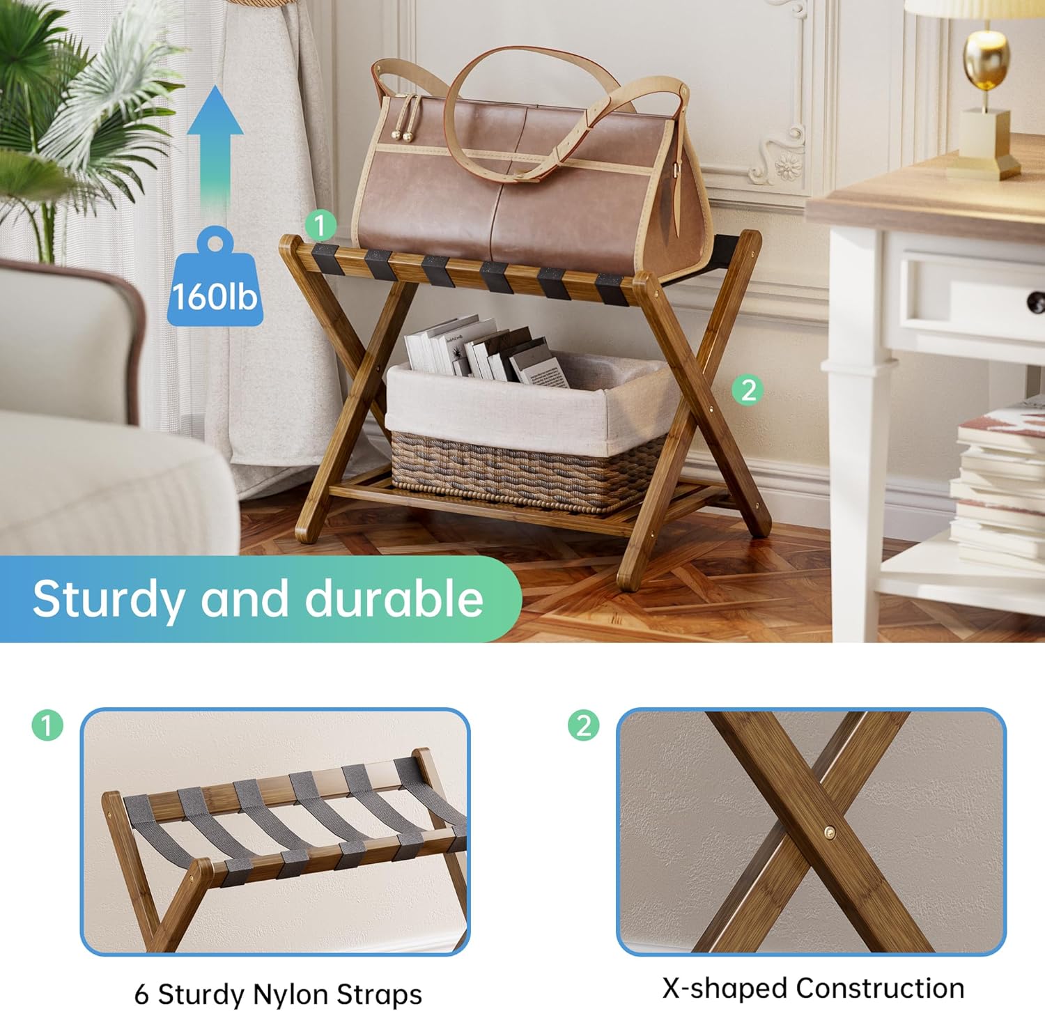 SMIBUY Luggage Rack, Set of 2, Foldable Bamboo Suitcase Stand with Storage Shelf for Guest Room, Bedroom, Hotel, Heavy-Duty (Walnut)
