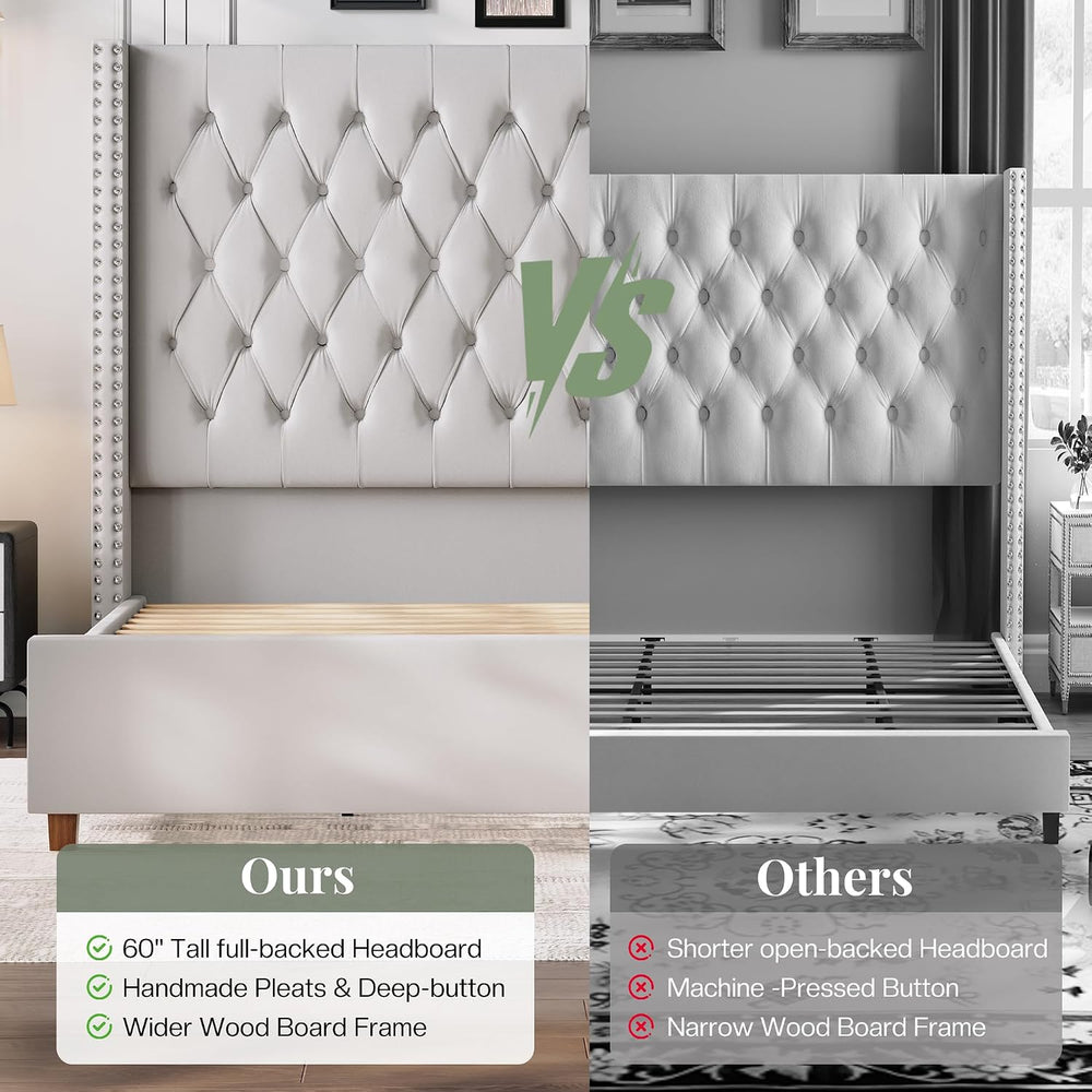 Jocisland Queen Bed Frame 61.4" Tall Headboard Velvet upholstered,Cream