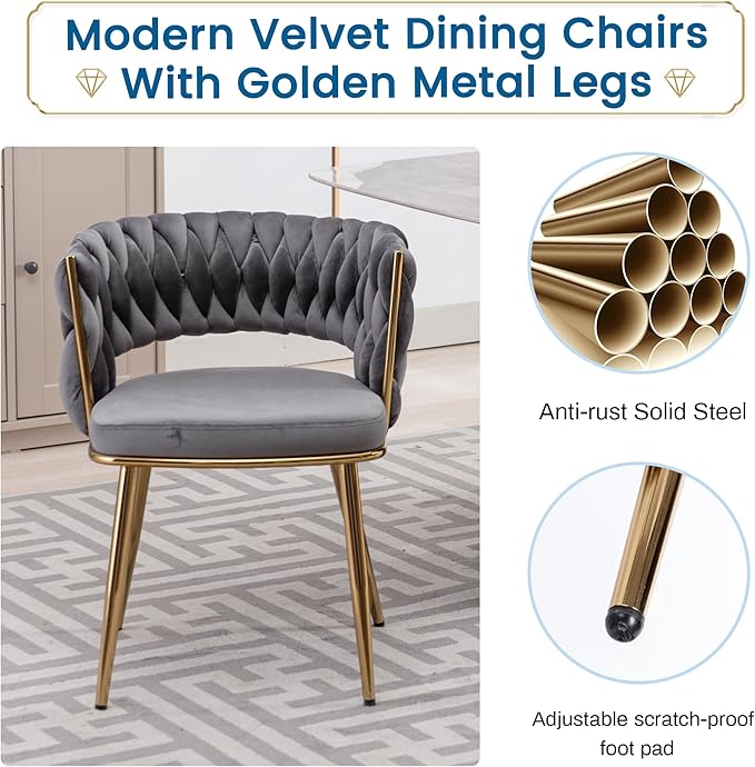 KCC Velvet Dining Chairs Set of 4, Gold Modern Dining Chair with Metal Legs, Woven Upholstered Dining Chairs for Dining Room, Kitchen, Vanity, Living Room (Gray)