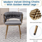 KCC Velvet Dining Chairs Set of 2, Gold Modern Dining Chair with Metal Legs, Woven Upholstered Dining Chairs for Dining Room, Kitchen, Vanity, Living Room (Gray)