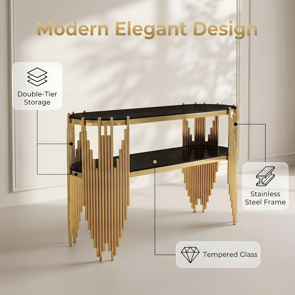 Modern Gold Glass Console Table with 2-Tier Shelves, Luxury Oval Entryway Tab...