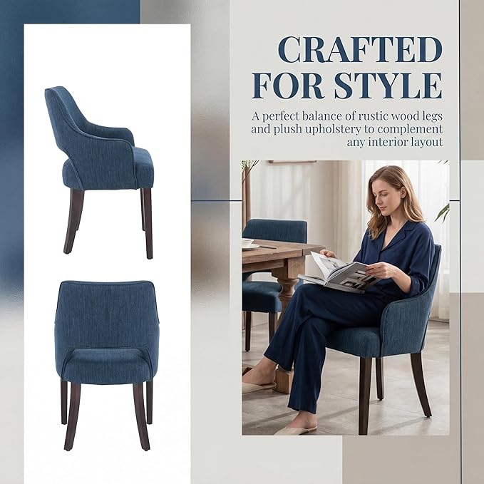 Farmhouse Dining Chairs Set of 2 Upholstered Linen Kitchen Chairs Accent Side Chair with Solid Wood Legs/Armrest for Living Room/Dining Room/Bedroom/Restaurant, Blue