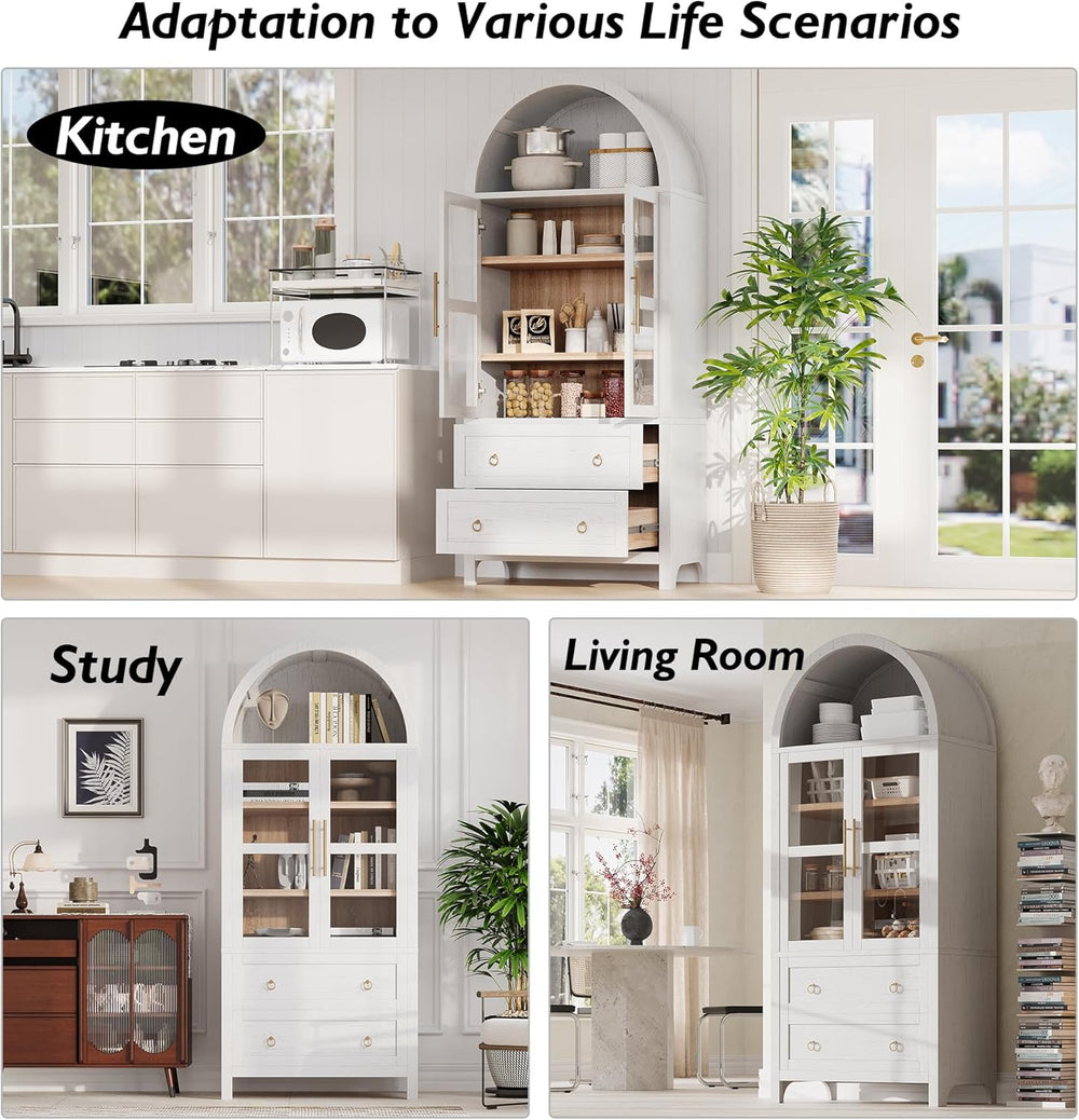 71" Tall Arched Storage Cabinet, Modern Kitchen Pantry Cabinets with Gla...