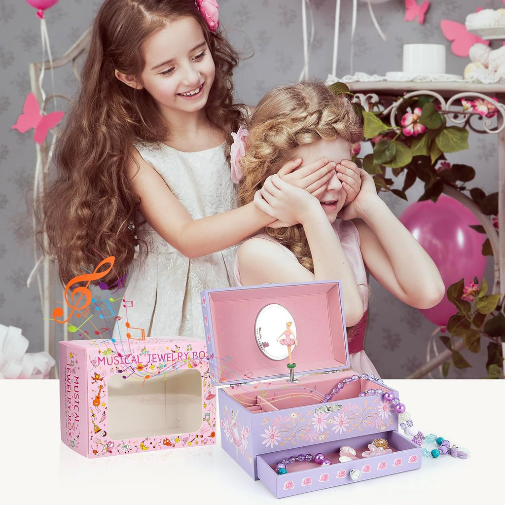 Music Jewellery Box with Drawer Necklace Bracelet, Musical Jewelry Storage Case with Spinning Ballerina Gift Set for Kids Girls Children Daughter (Pink Dancer)