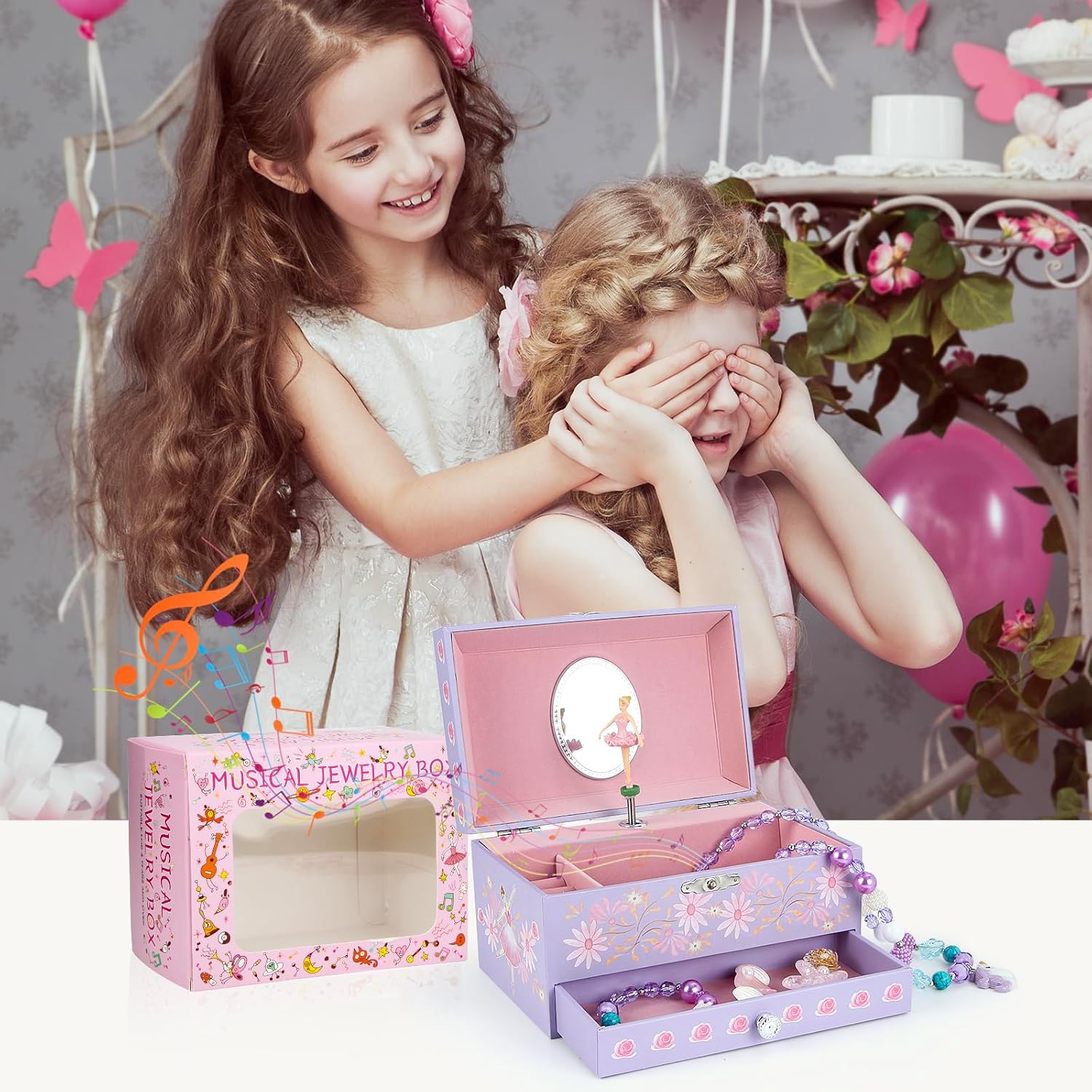 Music Jewellery Box with Drawer Necklace Bracelet, Musical Jewelry Storage Case with Spinning Ballerina Gift Set for Kids Girls Children Daughter (Pink Dancer)