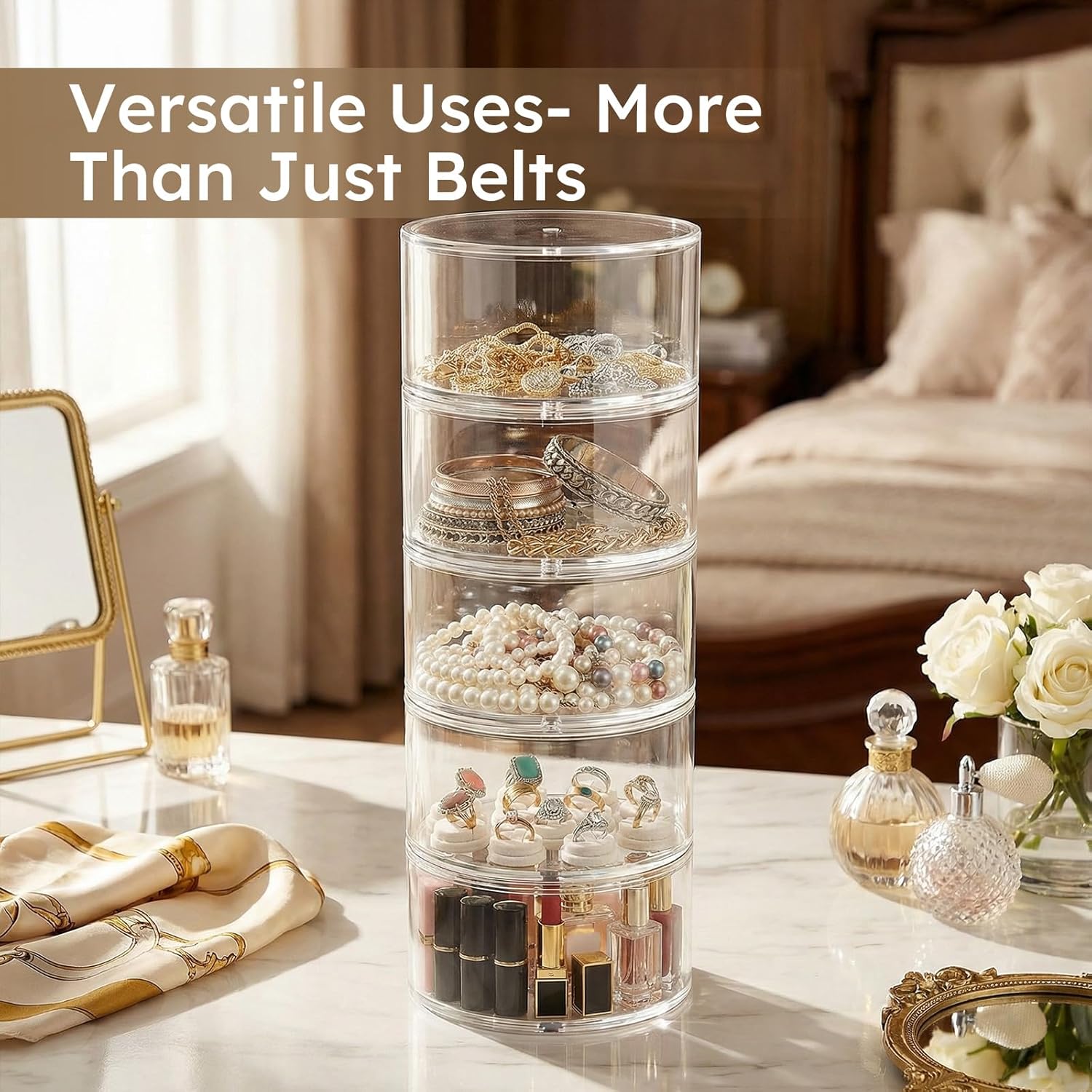 FEMELI Belt Organizer, Acrylic Belt Storage Holder for Closet & Drawer, 5-Layer Stackable Display Case for Belts, Watches, Jewelry and Ties