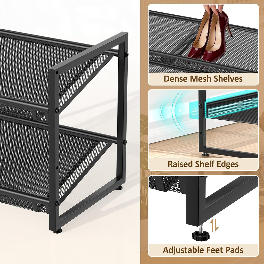 Expandable Shoe Rack, 2 Tier Adjustable Shoe Organizer with Flat & Slant Dual Use Design, Space Saving Shoes Stand for Closet & Entryway, Sturdy Dense Metal Grid Shoe Holder for High Heels, Sneakers