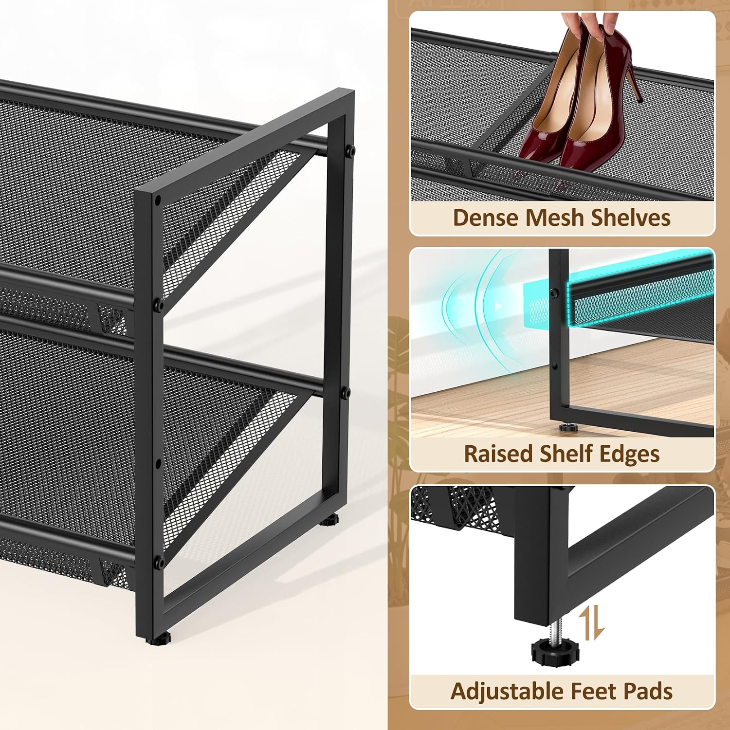 Expandable Shoe Rack, 2 Tier Adjustable Shoe Organizer with Flat & Slant Dual Use Design, Space Saving Shoes Stand for Closet & Entryway, Sturdy Dense Metal Grid Shoe Holder for High Heels, Sneakers