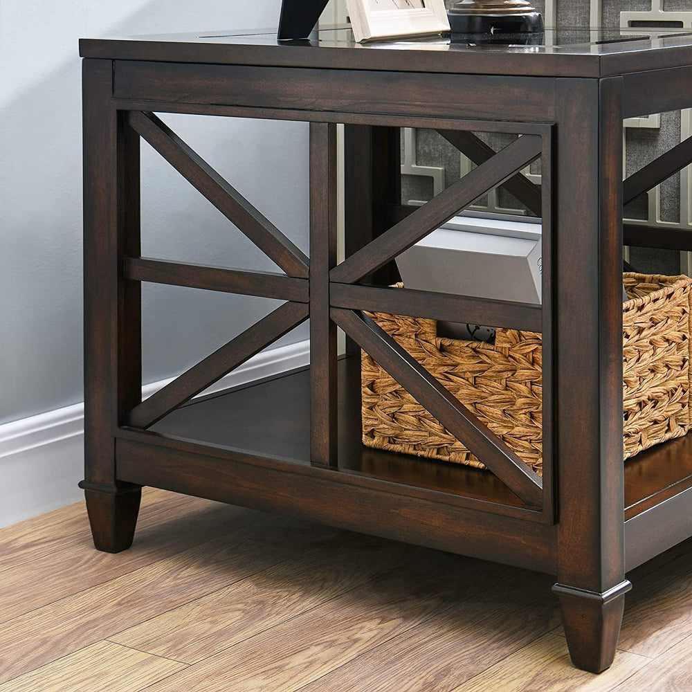 Set of 2 Large Solid Wood End Tables with Tempered Glass Top, 28" x 24&q...