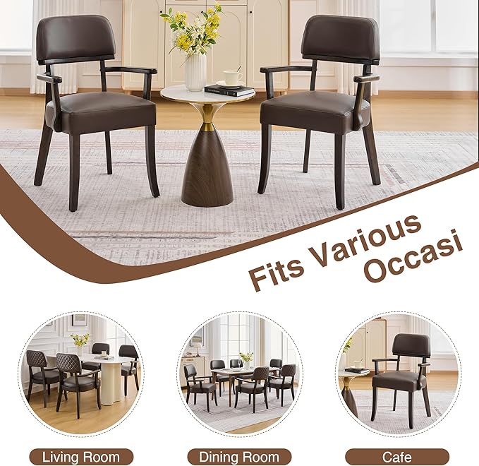 PU Leather Dining Chairs with Arms Set of 6, Upholstered Dining Room Chairs with Hardwood Legs & Open Curved Backrest,Modern Accent Kitchen Chairs 350 LBS Capacity, Brown