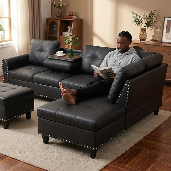 Sectional Couches for Living Room with Movable Chaise & Storage Ottoman - 97.5" Leather L Shaped Couches for Living Room Apartment, Home Modular Sectional Sofas with Cup Holder, Black