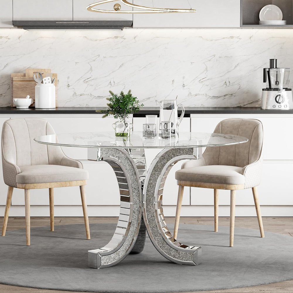 52" Round Glass Pedestal Dining Table with Tempered Glass Top, Mirrored ...