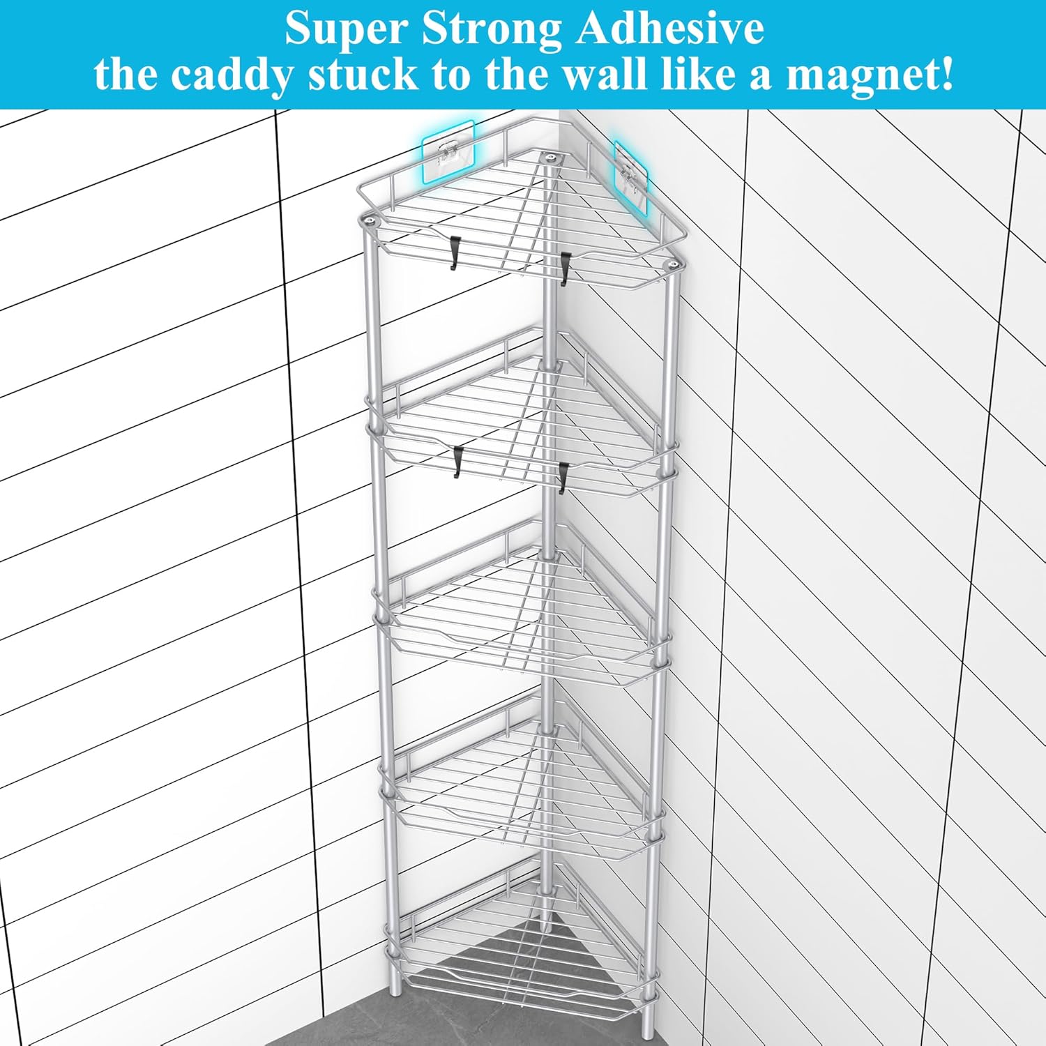 5 Tier Floor Standing Corner Shower Caddy Organizer Shelf with Hooks, Bathroom Shelves Stand Rack, Silver