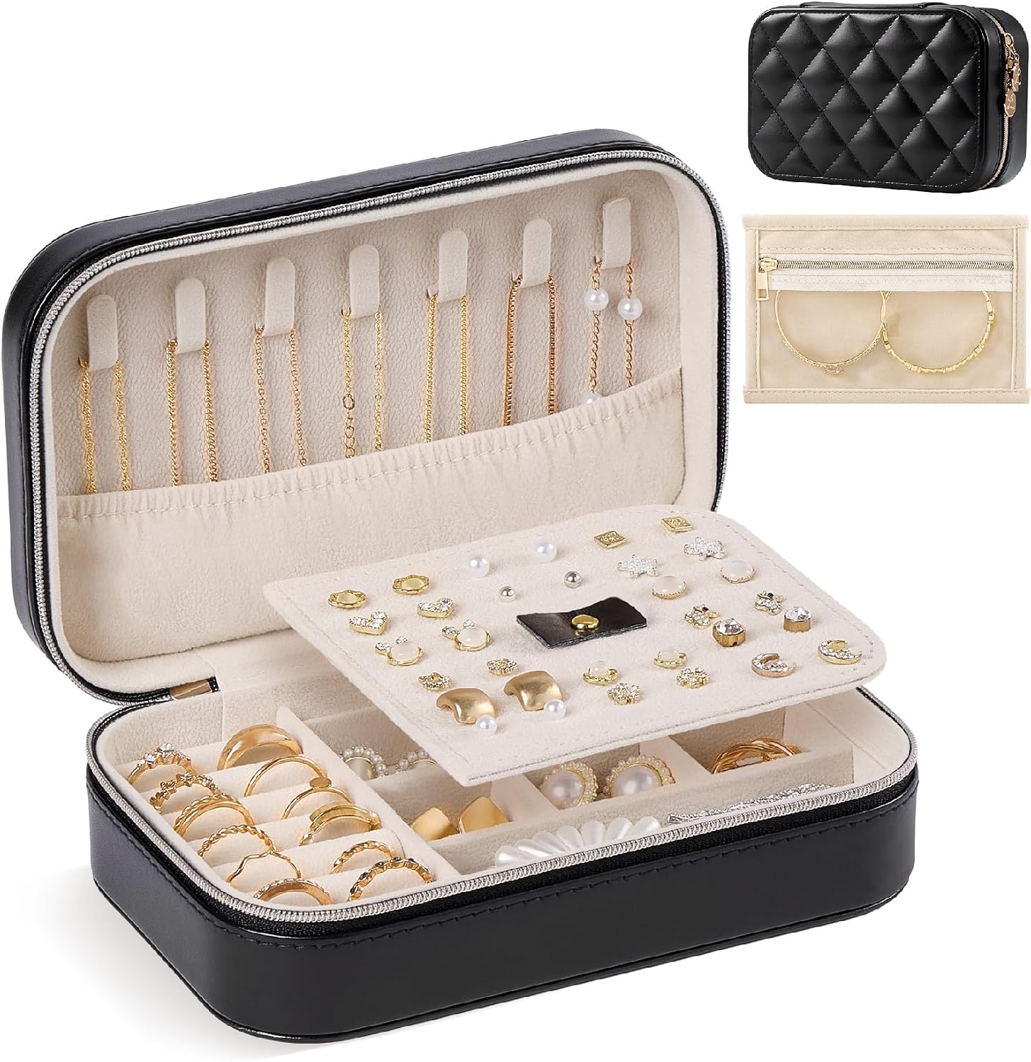 Lolalet Travel Jewelry Case for Women Girls, PU Leather Jewelry Organizer with Clear Storage Bag Small Portable Jewelry Box for Necklace Bracelet Earring Ring Birthday Bridesmaid Gifts -Medium/Black