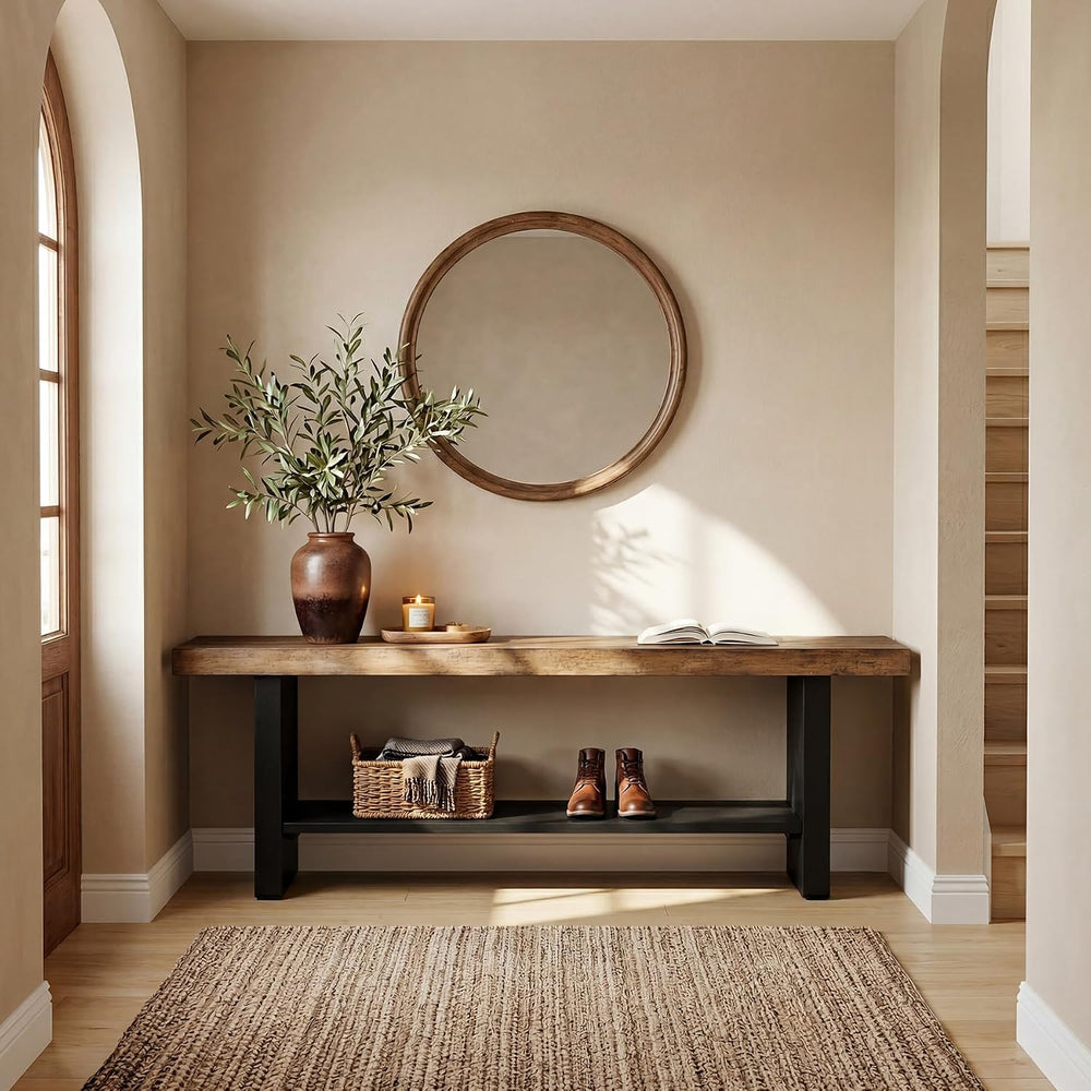 55" Solid Wood Bench with Shoe Storage, 2-Tier Farmhouse Entryway Bench,...