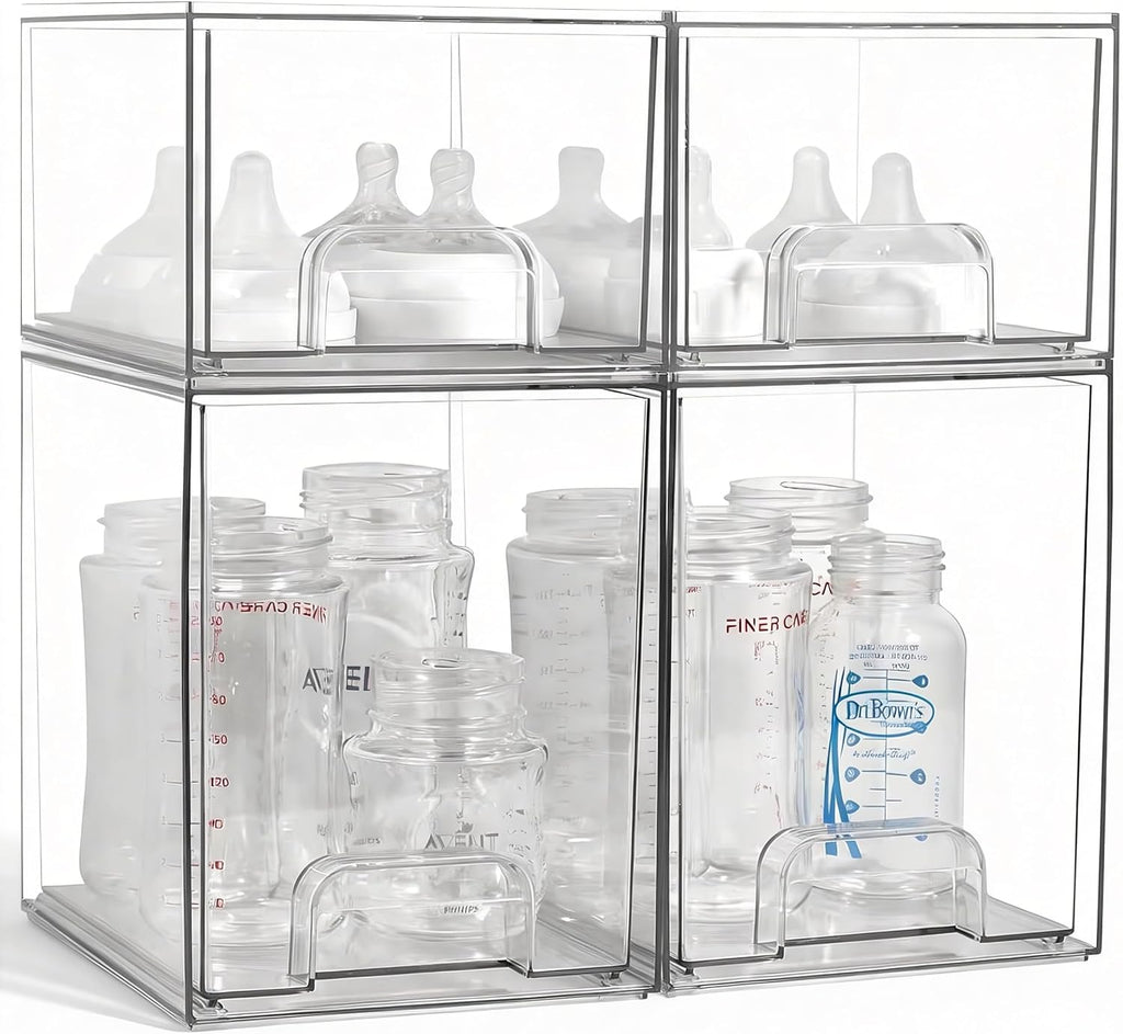 Baby Bottle Organizer, 4 Pack Clear Space-Saving Stackable Drawer with Handle, Baby Bottle Storage Organizer for Countertop and Cabinet