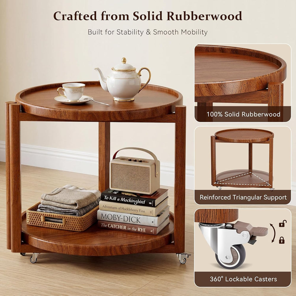 Taitiy Rolling Side Table with Wheels Solid Wood Round End Table with Storage...