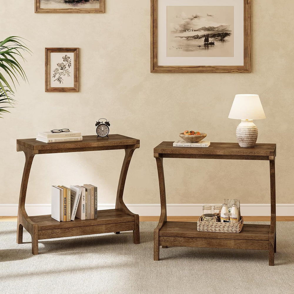 Solid Wood End Table with Storage Shelf, Small Accent Table for Living Room, ...