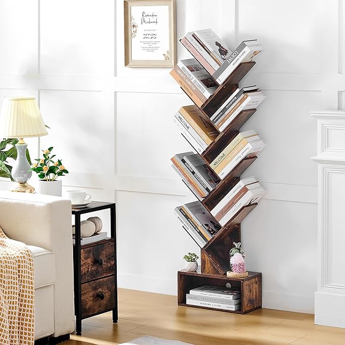 Hoctieon 9 Tier Tree Bookshelf, Tall Bookcase with Drawer, Wood Book Shelf, M...