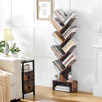 Hoctieon 9 Tier Tree Bookshelf, Tall Bookcase with Drawer, Wood Book Shelf, Modern Floor Standing Bookshelves, Book Organizer Shelves for Bedroom, Living Room, Home Office, Rustic Brown