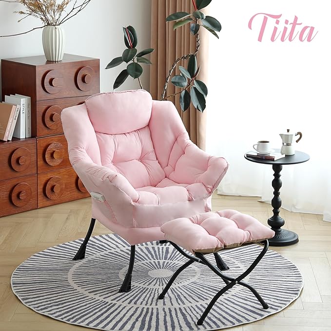 Tiita Lazy Chair with Ottoman, Modern Large Accent Lounge Armchair, Comfy Leisure Sofa Reading Chair with Footrest for Bedroom, Living Room, Dorm Rooms, Garden and Courtyard, Pink