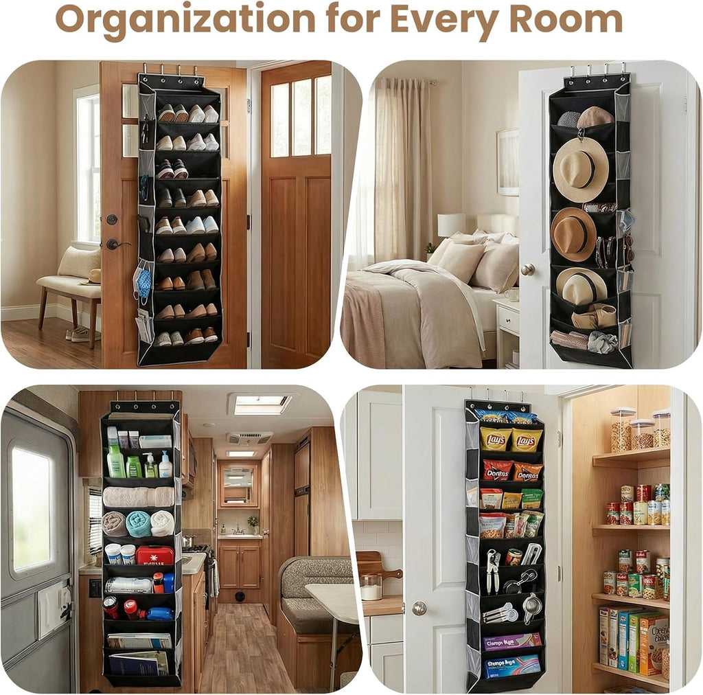 10-Tier Over The Door Organizer with 4 Anti-Scratch Silicone Hooks & 10 Side Pockets, Hanging Shoe Organizer for Closet (20 Pairs), Behind the Door Storage