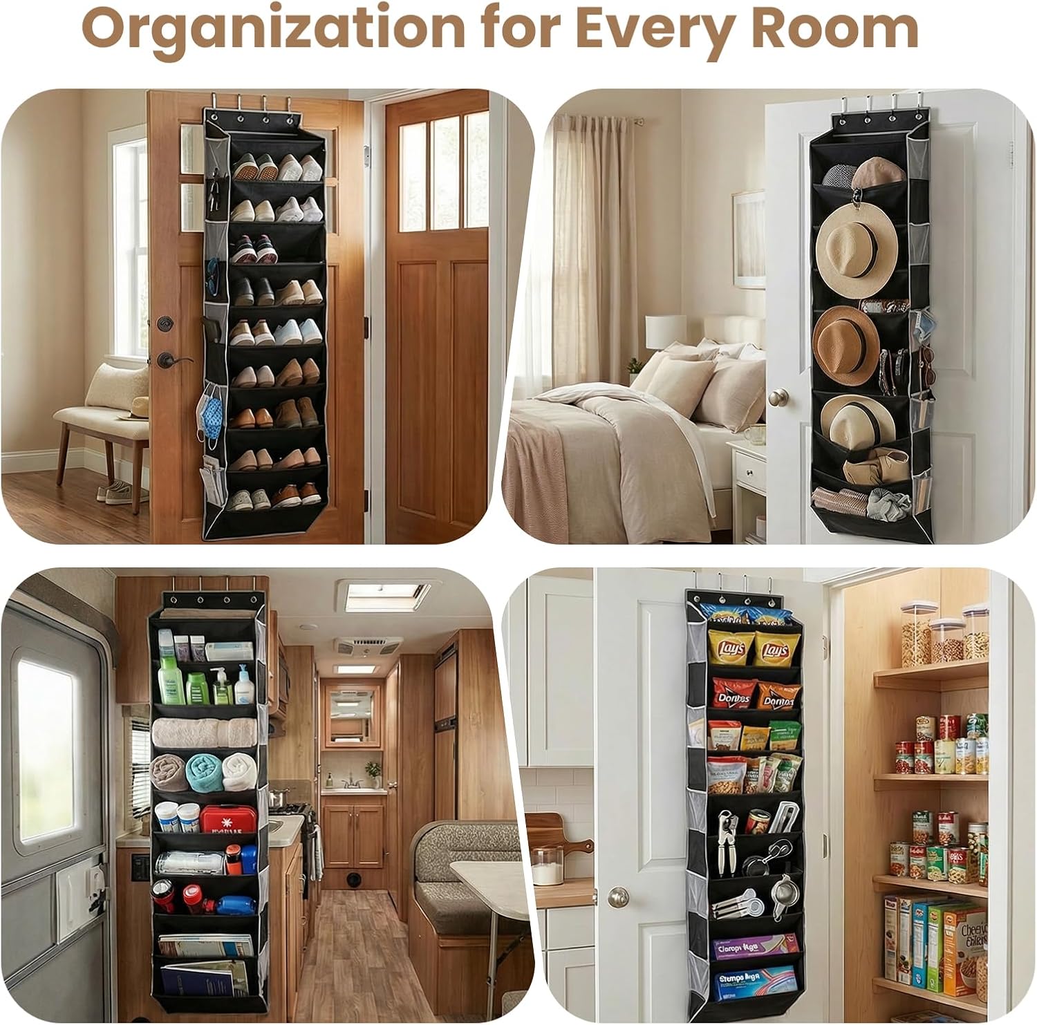 10-Tier Over The Door Organizer with 4 Anti-Scratch Silicone Hooks & 10 Side Pockets, Hanging Shoe Organizer for Closet (20 Pairs), Behind the Door Storage