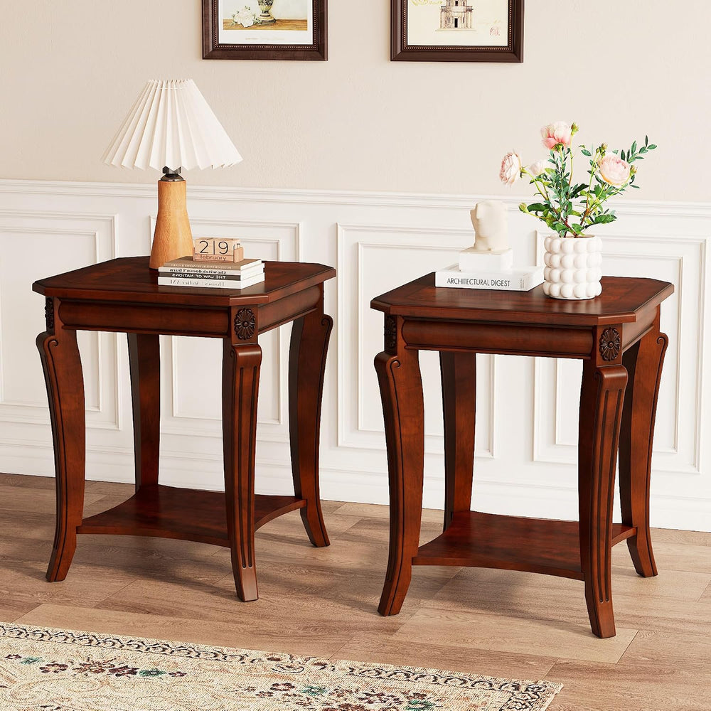 PADMA HOUSE Traditional Wood End Table with Storage Shelf, Square Solid Wood ...