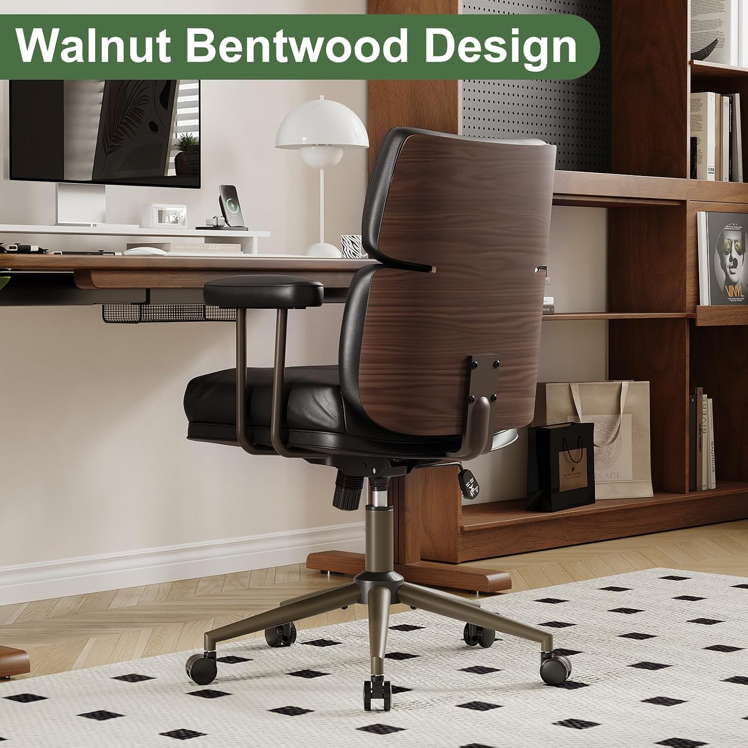 Mid-Century Modern Ergonomic Office Chair,Mid Back Faux Leather Executive Desk Chair with Walnut Bentwood,Tufted Adjustable Swivel Computer Chair for Home Office,Black