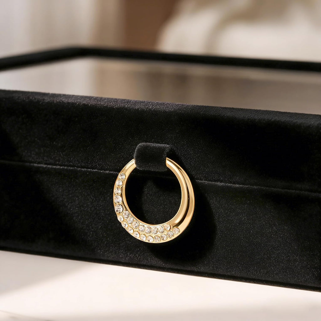 bussdis Glass Lid Jewelry Organizer Box – Black Velvet Jewelry Case with Ring Slots, Necklace Hooks & Removable Compartments for Earrings, Rings & Bracelets
