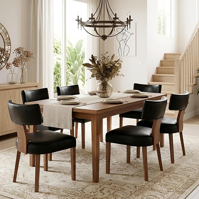 HNY Century Modern Dining Chairs Set of 6, Farmhouse PU Leather Upholstered Accent Chair Curved Backrest Kitchen Chairs, with Hardwood Frame, Black 6PC