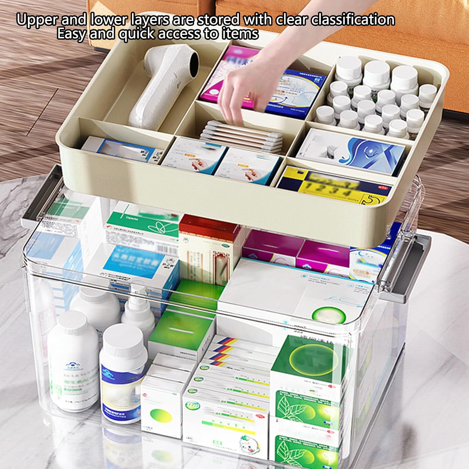 2-Tier Medicine Storage Box with Handle, Clear Plastic First Aid Organizer for Home & Travel, Multi-Compartment Emergency Supplies Container, Family Medicine Box, Pill Bottle Organizer