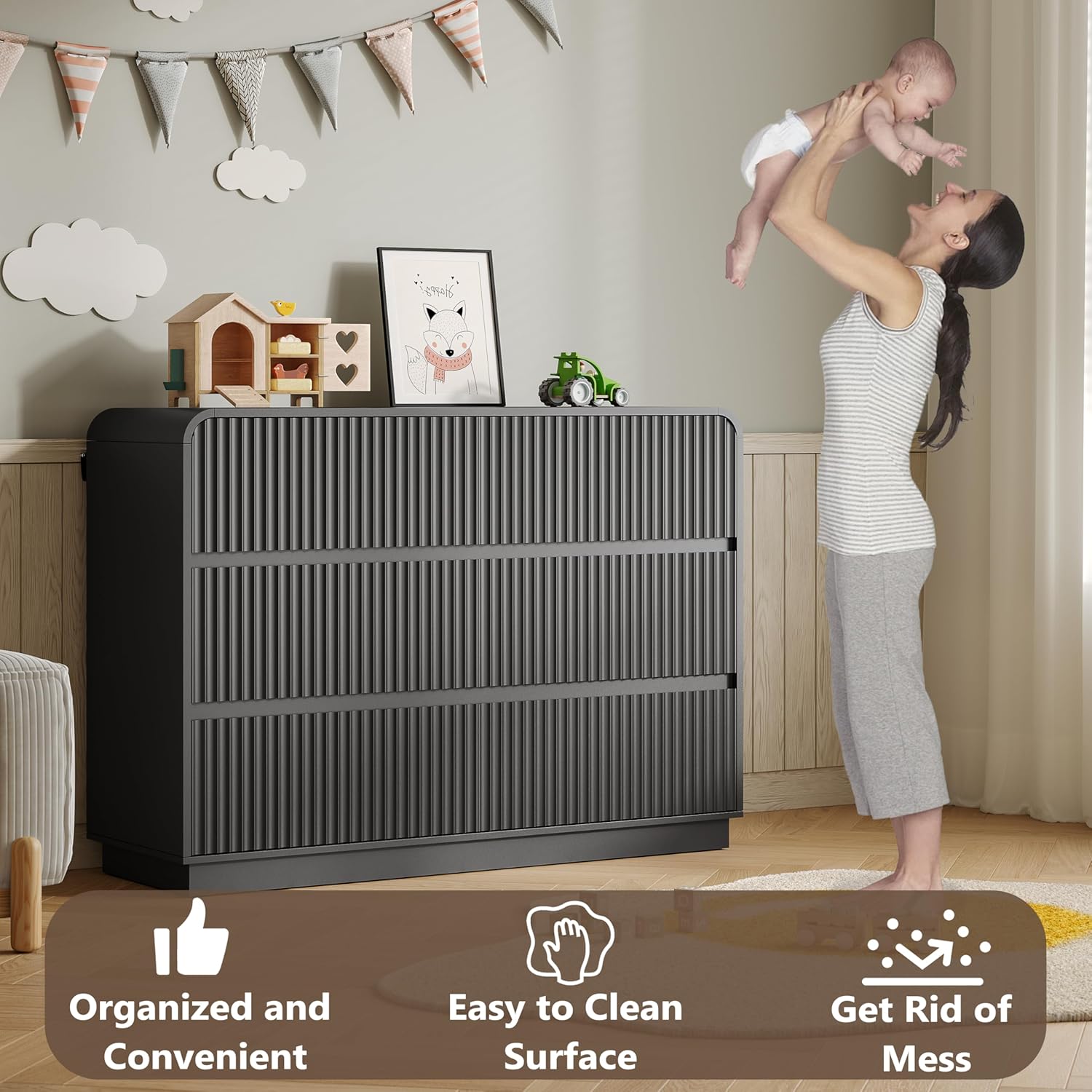 Dresser for Bedroom with 6 Drawers, Fluted Chest of Drawers with Round Curved Corner, Hidden Handles, Modern Wood Storage Organizer for Bedroom, Nursery, Living Room