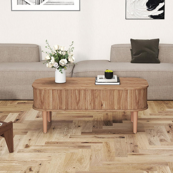 Coffee Table, Fluted Lift Top Coffee Tables for Living Room, Center Tables with Hidden Compartment, Modern Oval Coffee Table for Home Office, Walnut