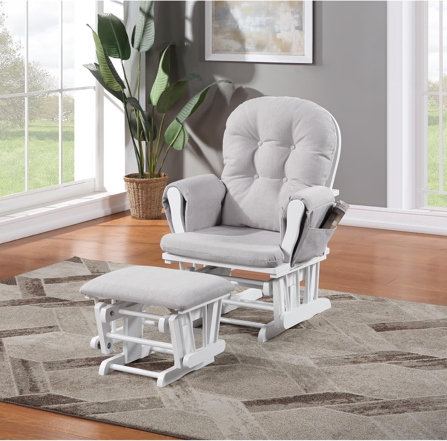 Glider and Ottoman White Wood and Woven Gray Fabric