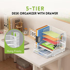 DALTACK Mesh Desk Organizer, 5-Tier Paper Letter Tray with File Holder & Pen Holder & Sliding Drawer, Desktop Organizer and Storage for Desk Accessories Office Supplies, White