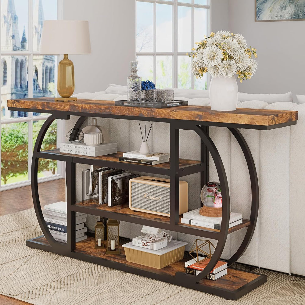 63" Narrow Console Table with Storage, 4-Tier Sofa Table Behind Couch, I...