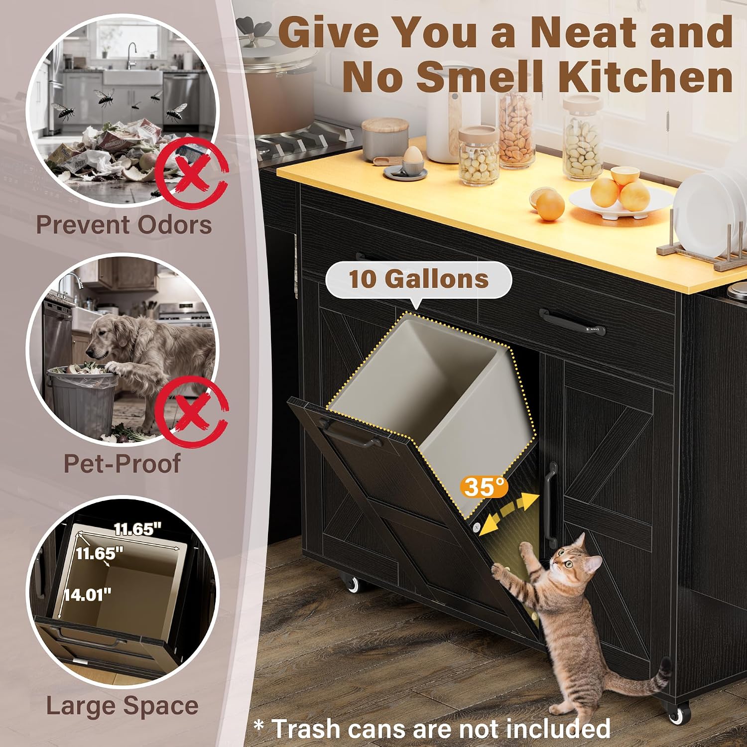 YESHOMY Kitchen Island on Wheels with Trash Cabinet, 56" Mobile Cart with Drop Leaf and Drawers, Rolling Portable Table with Spice Rack & Towel Holder for Dining Room, Black