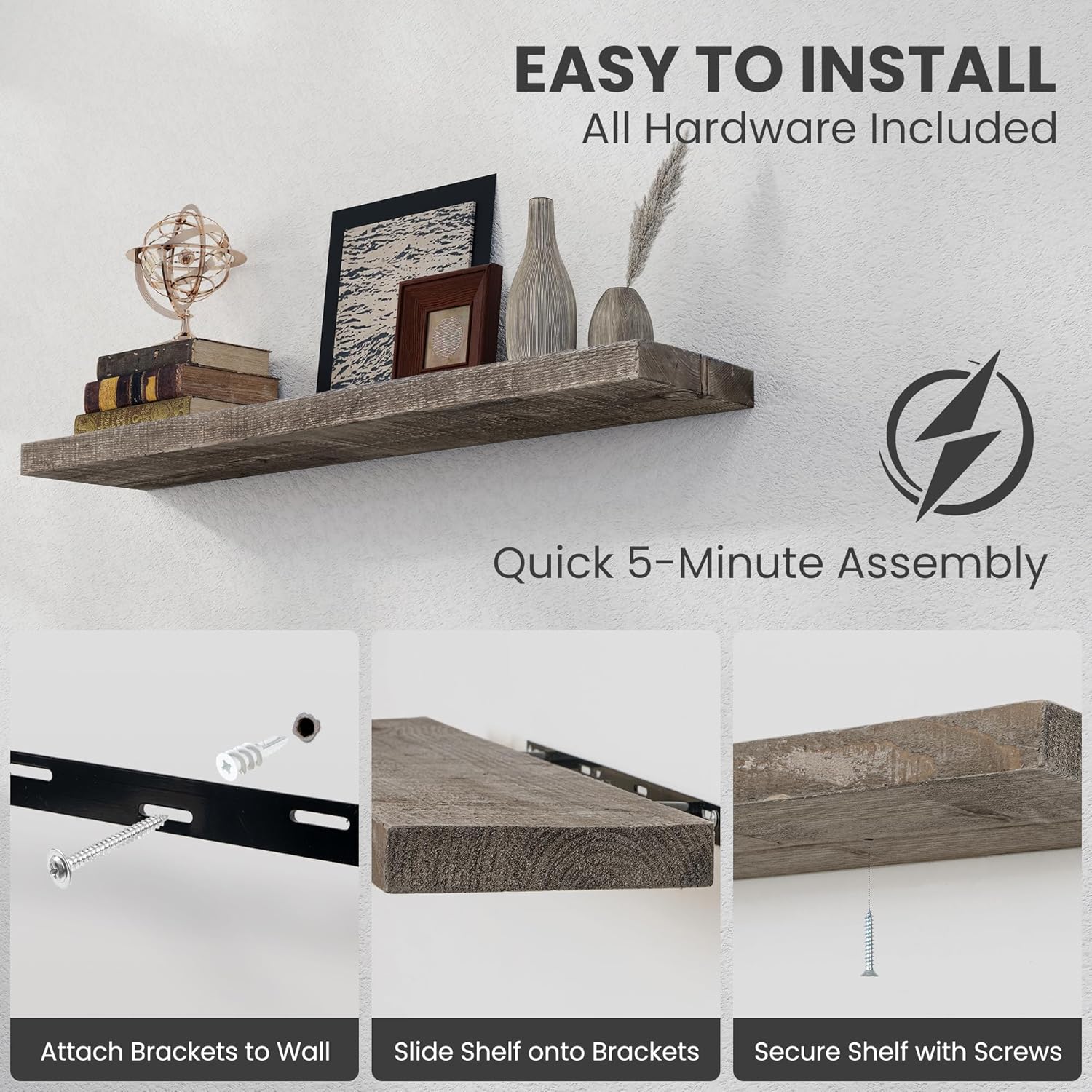 Floating Shelves Reclaimed Barnwood, 8" Deep Solid Wood Floating Shelf Wall Hanging Shelves with Invisible Heavy-Duty Metal Bracket | Wall Mounted | Farmhouse Style | 40 inches,2PCS,Grey