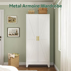 Metal Combination Cabinet, Tall Closet Storage Cabinet with 4 Shelves, Farmhouse Wardrobe Closet with Doors and Hanging Rod for Laundry Mudroom Office Bedroom