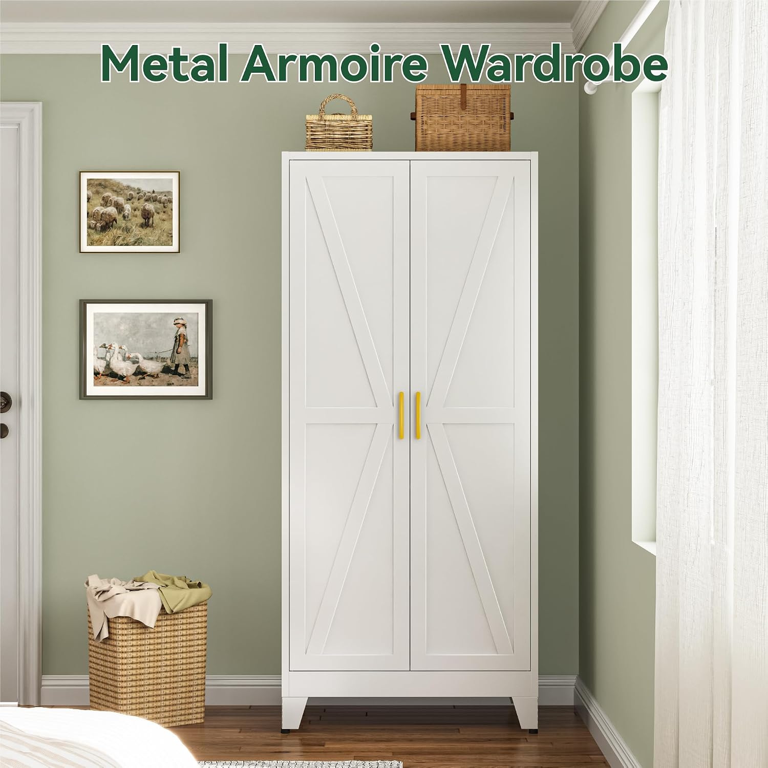 Metal Combination Cabinet, Tall Closet Storage Cabinet with 4 Shelves, Farmhouse Wardrobe Closet with Doors and Hanging Rod for Laundry Mudroom Office Bedroom