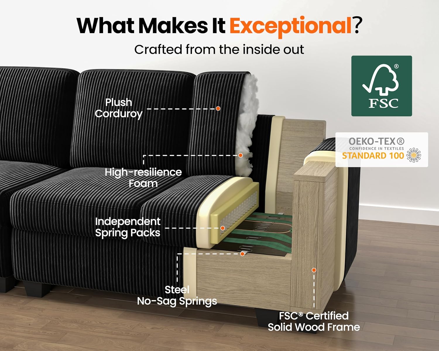 84" Oversized Corduroy Modular Sectional Sofa, Extra Deep 3-Seater Sofa Fluffy Cloud Couch with Ottoman, Sectional Sleeper Sofa for Living Room, L-Shaped, Plush Corduroy, Black