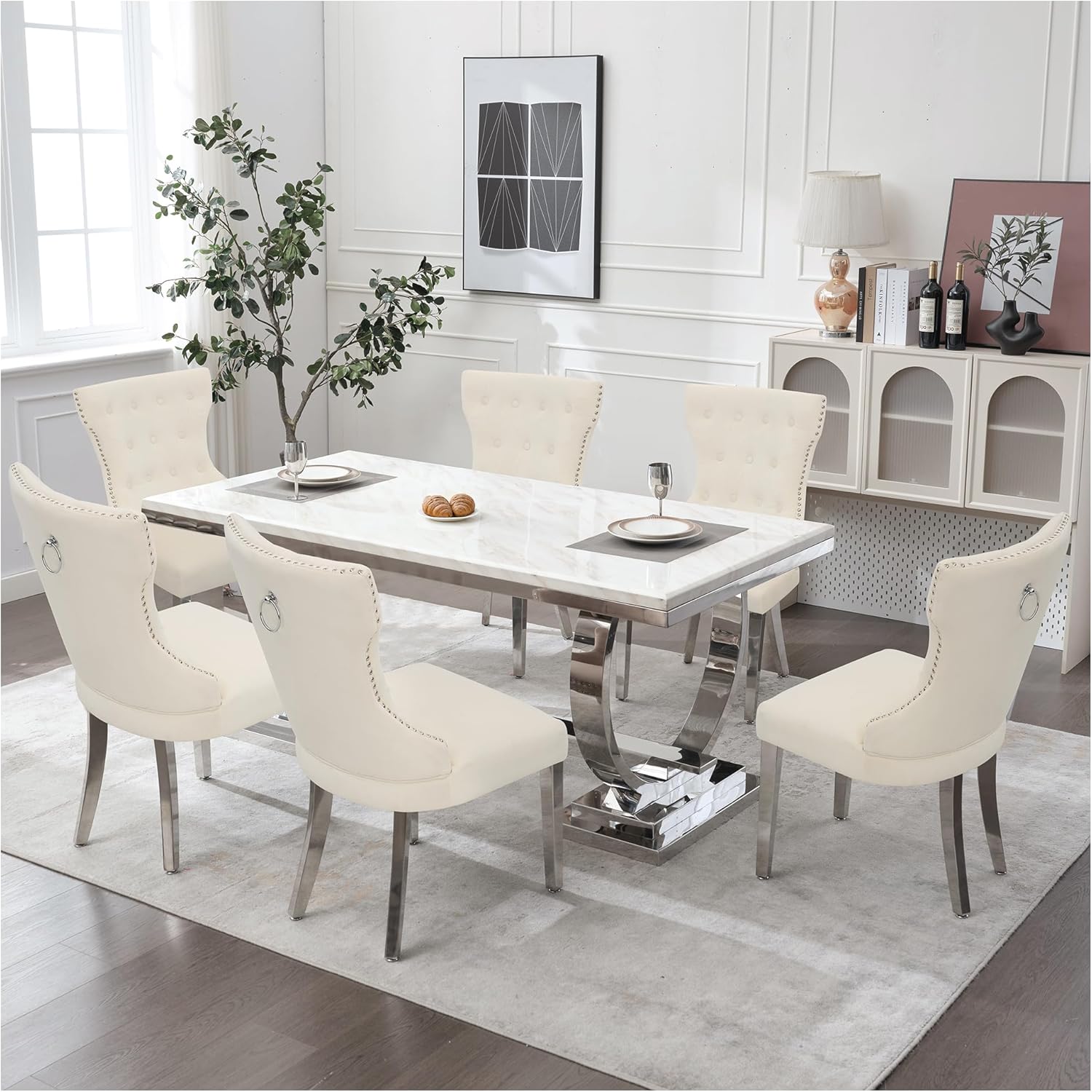 adochr Velvet Dining Chairs Set of 6, Upholstered Kitchen Chairs with Mteal Legs, Modern Button Tufted Back with Square Pull Ring Trim for Dining Room, Beige